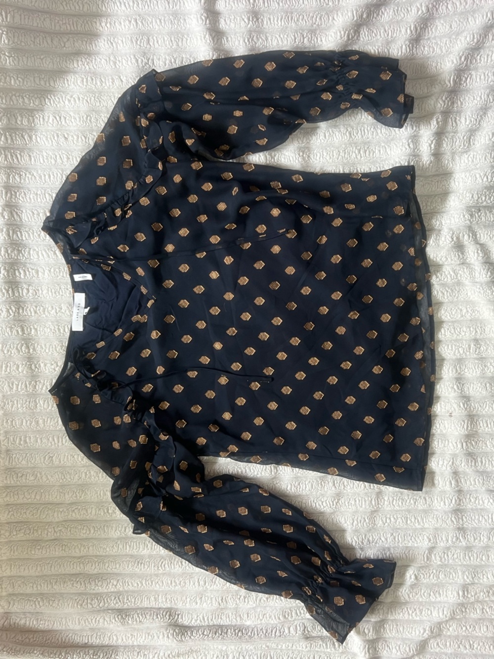Lark & Ro Navy Long-Sleeve Ruffle Blouse with Gold Motif